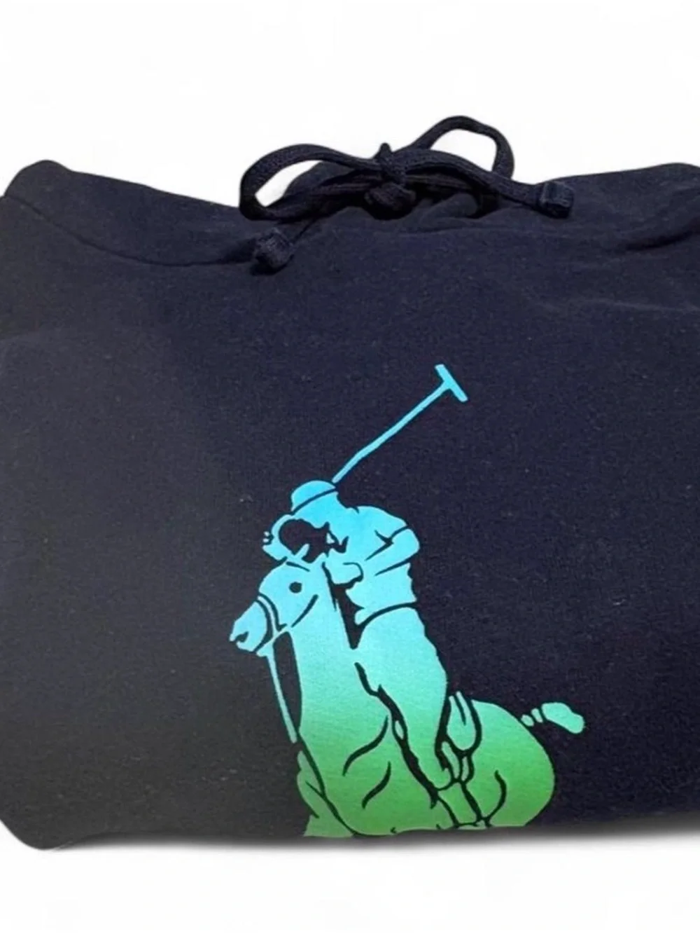 Polo by Ralph Lauren Men's Navy Hoodie with Blue-Green Polo Player Graphic